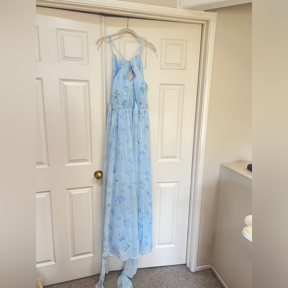 Light Blue Floral belt‎ rope adjustable neck Maxi Dress size 6 wedding guest